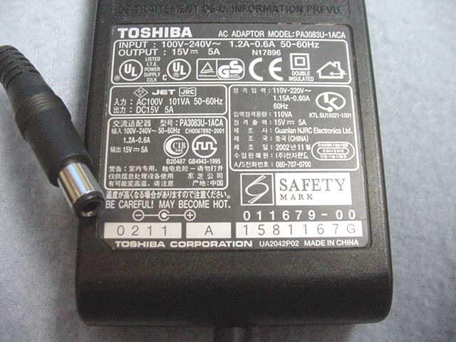 Toshiba Genuine Original PA3083U-1ACA 15V 5A 75W AC Adapter For Satellite Pro Series Tecra And Protege (2400 2500 A/ M/ R Series)